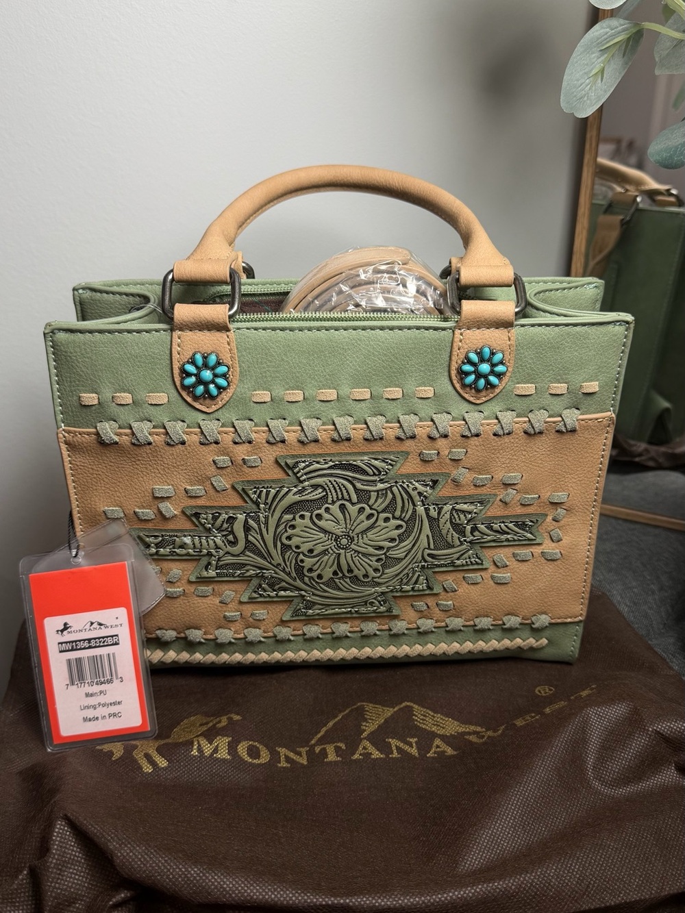 Montana West Green and Tan Embossed Floral Top-Handle Satchel